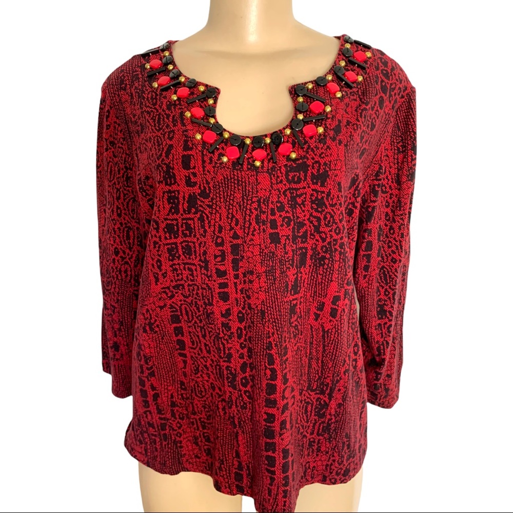 Ruby Rd. Aztec Animal Print Brass Bead Embellished Scoop Neck Mid Sleeve Large